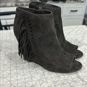Indigo Charcoal Suede Ankle Booties with Fringe